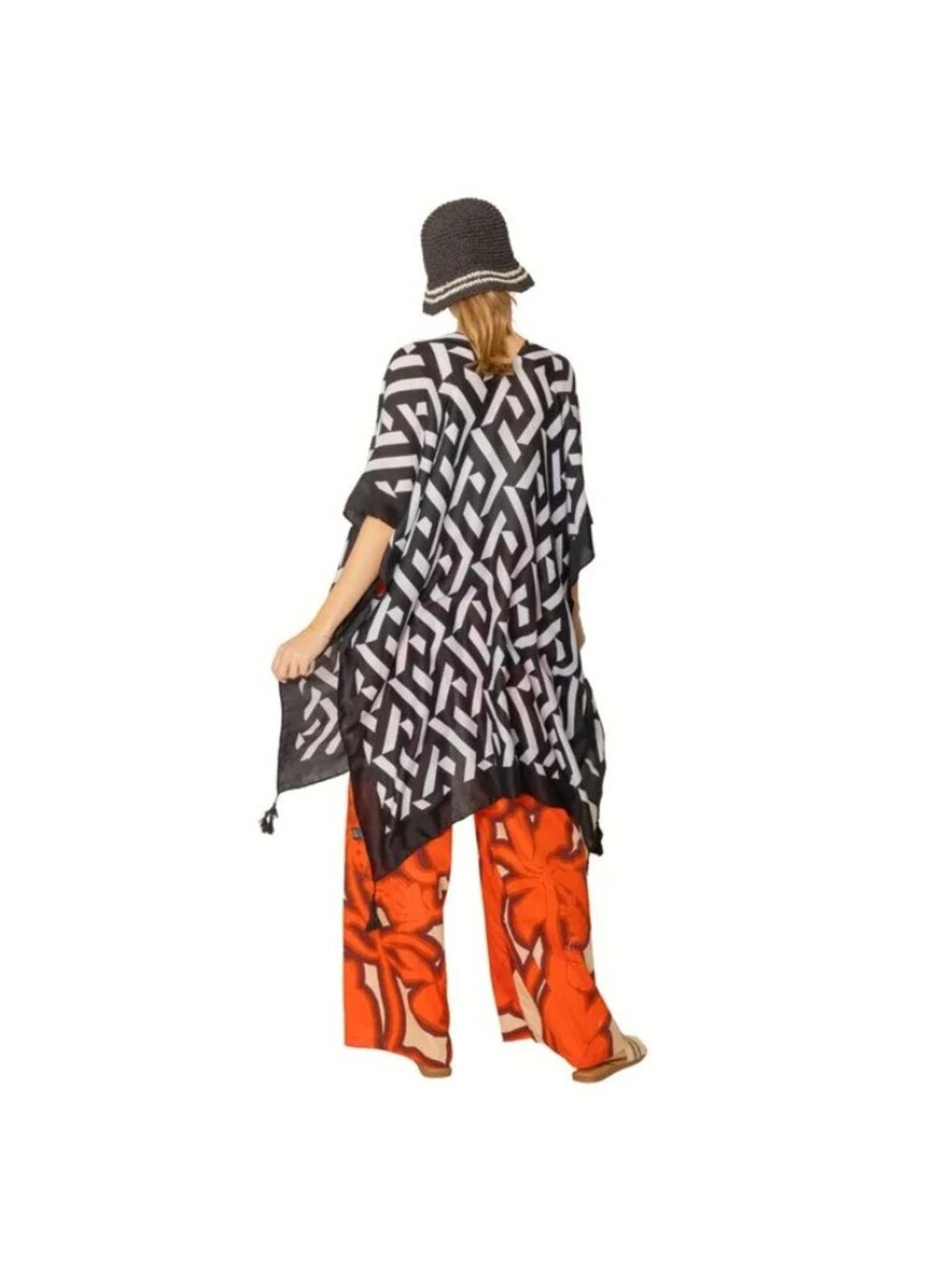 Geometric Print Open Front Kimono Tassel Edges Black White Women Beach Cruise - Picture 4 of 4